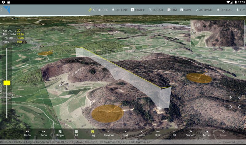 Ground control station showing a 3D terrain mission map